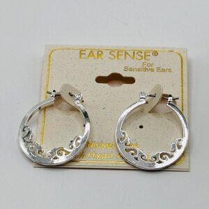 Ear Sense For Sensitive Ears Silver Tone Filigree Cutout Hoop Earrings NWT